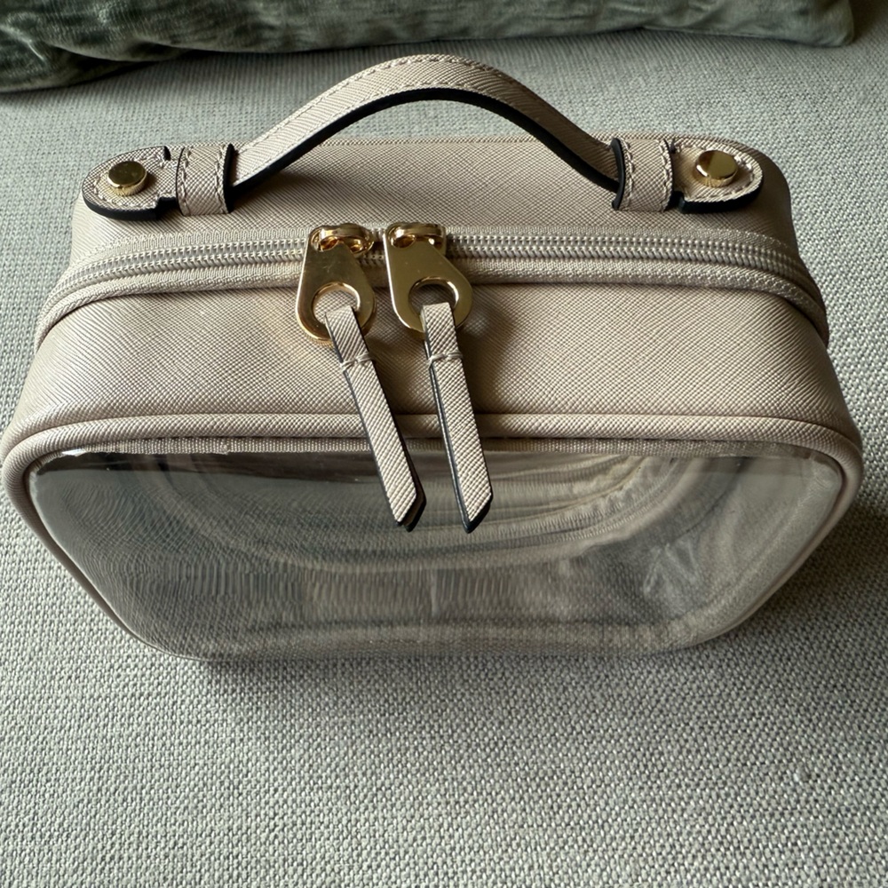 Calpak Beige Clear Cosmetic Case with Gold Hardware and Top Handle